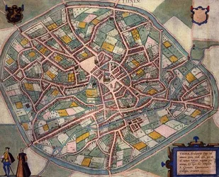 Tienen térképe, Georg Braun (1541-1622) és Frans Hogenberg (1535-90) "Civitates Orbis Terrarum" című művéből, 1572-1617 körül (színes metszet).