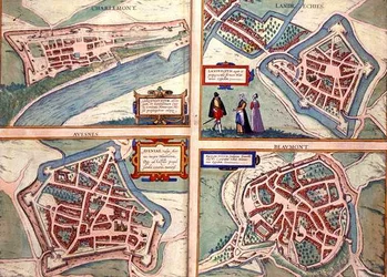 Charlemont, Landrechies, Avesnes és Beaumont térképei Georg Braun (1541-1622) és Frans Hogenberg (1535-90) „Civitates Orbis Terrarum” című művéből 1572-1617 körül (színes metszet)