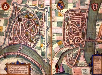Grenoble és Romans-sur-Isere térképei, Georg Braun (1541-1622) és Frans Hogenberg (1535-90) 1572-1617 körüli „Civitates Orbis Terrarum”-ból (színes metszet)