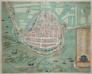 Enchunsen terve, Georg Braun (1541-1622) és Frans Hogenburg (1535-90) „Civitates Orbis Terrarum”-ból, 1572 körül (színes metszet)