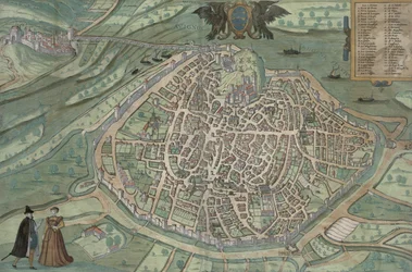 Avignon térképe, Georg Braun (1541-1622) és Frans Hogenberg "Civitates Orbis Terrarum" című művéből, 1572 körül (színes metszet).