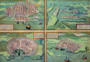 Calais, Málta, Rodosz és Famagusta térképe Georg Braun (1541-1622) és Frans Hogenberg (1535-90) „A világ városai” című művéből, 1572 körül