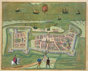 Calais térképe, Georg Braun (1541-1622) és Frans Hogenberg (1535-90) „Civitates Orbis Terrarum” című művéből, 1597 (színes metszet)
