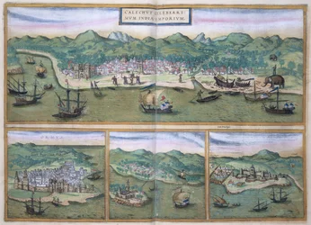 Calicut térképe, Georg Braun (1541-1622) és Frans Hogenberg (1535-90) „Civitates Orbis Terrarum” című művéből, kb. 1572