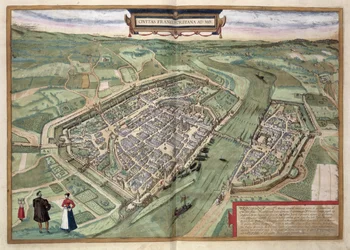 Frankfurt térképe, Georg Braun (1541-1622) és Frans Hogenberg (1535-90) „Civitates Orbis Terrarum” című művéből, 1572 körül (színes metszet)