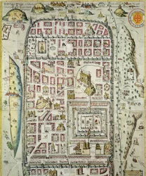 Jeruzsálem és a környék térképe, Georg Braun (1541-1622) és Frans Hogenberg (1535-90) 1572-1617 körüli „Civitates Orbis Terrarum”-ból (lásd: 138906)