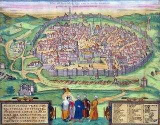 Jeruzsálem térképe Georg Braun (1541-1622) és Frans Hogenberg (1535-90) «Civitates Orbis Terrarum» című művéből, kb. 1572