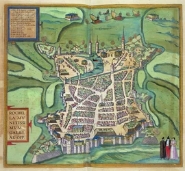 La Rochelle térképe, Georg Braun (1541-1622) és Frans Hogenberg „Civitates Orbis Terrarum” című művéből, 1572 körül (színes metszet)