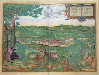 Linz térképe, Georg Braun (1541-1622) és Frans Hogenberg (1535-90) „Civitates Orbis Terrarum” című művéből, 1594