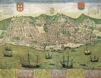 Lisszabon térképe, Georg Braun (1541-1622) és Frans Hogenberg (1535-90) „Civitates Orbis Terrarum” című művéből, 1572 körül