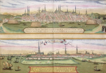Lübeck és Hamburg térképe, Georg Braun (1541-1622) és Frans Hogenberg (1535-90) „Civitates Orbis Terrarum” című művéből, kb. 1572