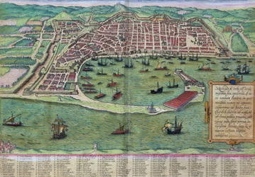 Messina térképe, Georg Braun (1541-1622) és Frans Hogenberg (1535-90) „A világ városai” című művéből, 1572 körül