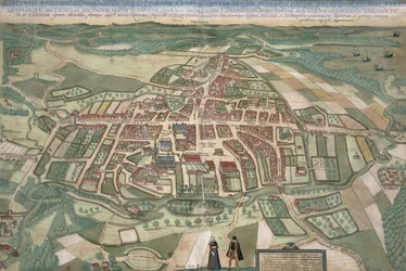 Odense térképe, Georg Braun (1541-1622) és Frans Hogenberg (1535-90) "Civitates Orbis Terrarum" című művéből 1597