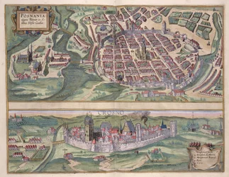 Poznań és Gruczno térképe, Georg Braun (1541-1622) és Frans Hogenberg (1535-90) «Civitates Orbis Terrarum» című művéből, kb. 1572-1617