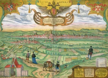 Regensburg térképe, Georg Braun (1541-1622) és Frans Hogenberg (1535-90) "Civitates Orbis Terrarum" című művéből 1594
