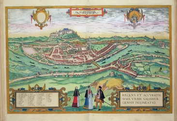Salzburg térképe Georg Braun (1541-1622) és Frans Hogenberg (1535-90) «Civitates Orbis Terrarum» című művéből, kb. 1572-1617
