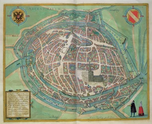 Strasbourg térképe, Georg Braun (1541-1622) és Frans Hogenberg (1535-90) „Civitates Orbis Terrarum” című művéből, kb. 1572