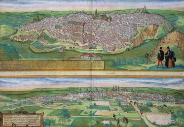 Toledo és Valladolid térképe, Georg Braun (1541-1622) és Frans Hogenberg (1535-90) "Civitates Orbis Terrarum" című művéből, 1572 körül.