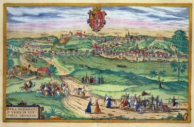 Grodno városrajza, Georg Braun (1541-1622) és Frans Hogenberg (1535-90) "Civitates Orbis Terrarum" című művéből, 1572 körül.