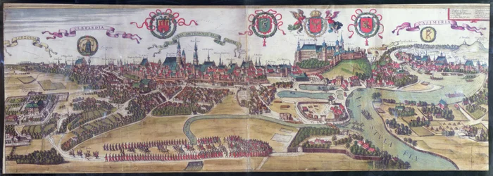 Krakkó kilátása északnyugat felől, Georg Braun (1541-1622) és Frans Hogenberg (1535-90) „Civitates Orbis Terrarum” című művéből, 1617