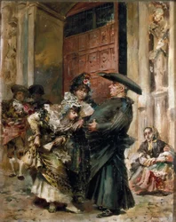""A mise kijárata"": két nő a kúra hasát vizsgálja a templom kijáratánál. Jose Denis Belgrano (1844-1917) festménye, 19. század 2. fele. Olajfestmény.