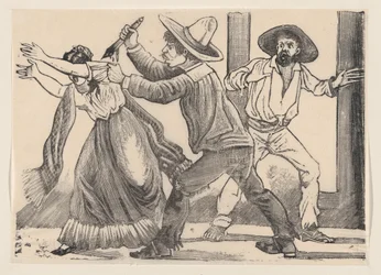 Egy férfi egy nőt a ruhaujjánál fogva megragad és megszúr, a „The murd..., 1891.” című röplapról.