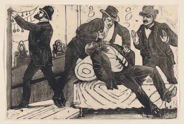 Egy férfi mellkason szúrt egy másik férfit, miközben társai kifosztottak egy üzletet egy..., kb. 1890-1891.