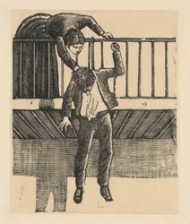 Egy nő felfedez egy férfit, aki egy gerendára akasztva öngyilkosságot követett el, kb. 1900-1910