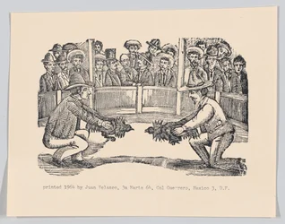 Két férfi az arénában kakasokkal harcra készülve, spe..., kb. 1890-1910, újranyomva 1964.