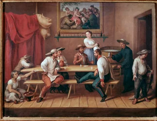 Pulquería kocsma Dél-Amerikában, az asztalnál ülő vendégek pulquét isznak (hagyományos mezoamerikai alkoholos ital) (pulqueivókkal teli kocsma), Mexikóváros, Nemzeti Történeti Múzeum, Chapultepec-kastély