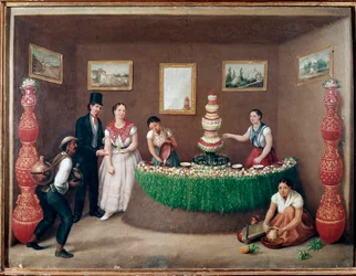 Chufa Horchata Sellers (Orxata de Xufa vagy Orxata De Xufla) Augustin Arriete festménye (19. század) Mexikóváros, Történelmi Nemzeti Múzeum, Chateau