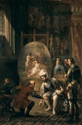 ""V. Károly császár (1500-1558) felkapta Tiziano Vecellio festő ecsetjét mondta Tizian (1485-1576), a császár udvarának festője"" Jose Felipe Parra (1824-1864) festménye 19. századi Valencia , Museo de Bellas Artes San Pio V