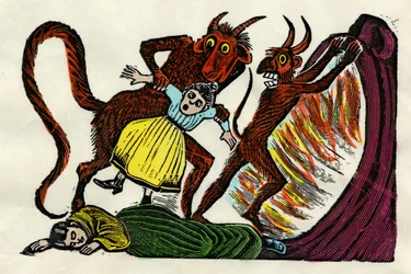 José Guadalupe Posada (1852 - 1913). Josephina Lorát egy ördög a pokolba hurcolja. Xilográfiai akvarell, Mexikóváros