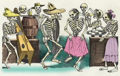 Az élő halottak: "" Gran Fandango y Francachela de todas las Calaveras "", José Guadalupe Posada (1852 - 1913) xilográfiája, amely a halottak napjának (november 1.) ünnepségeit illusztrálja. Mexikó.