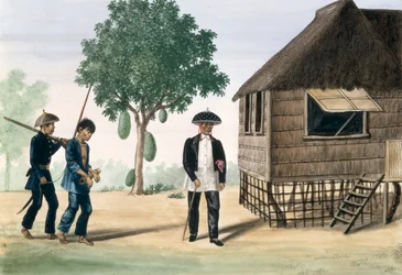 Egy fogoly, akit egy rendőr és egy tanácsos vezetett, a "The Flebus Album of Views In and Around Manila", 1845 körül