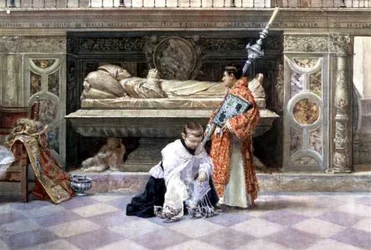 Oltárfiúk a templombelsőben (ceruza és akvarell papíron)
