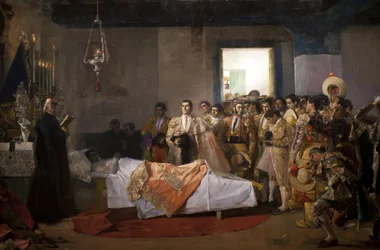 A mester halála. Jose Villegas Cordero (1844-1921) festménye, olaj, vászon, 1913 körül. Szépművészeti Múzeum, Sevilla, Spanyolország.