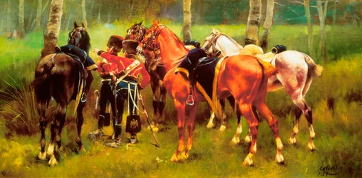 ""Huszárok és lovak csoportja az erdőben"" Josep Cusachs i Cusachs (1851-1908) festménye. 1905.