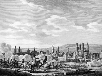 A francia forradalom és a porosz forradalomellenes mozgalom: Speyer város elfoglalása (német Speyer) 1792 októberében, Németország. Berthaut metszete Swebach nyomán. Párizs, a Forradalomtörténeti Intézet könyvtára
