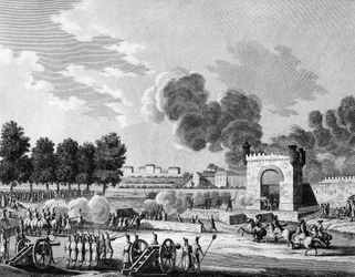 Francia forradalom: Republikánus fete des Victoires, fiatal diákok harca a párizsi Champs de Mars-on 1794. október 21-én. Malapeau metszet Swebach - Desfontaine nyomán. Párizs, a Forradalomtörténeti Intézet könyvtára