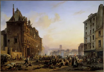 Les Trois Glorieuses (július 27., 28. és 29.): „” A párizsi városháza támadása 1830. július 28-án”” Joseph Beaume (1796-1885) festménye 1831 V. 1,45x2,1 m