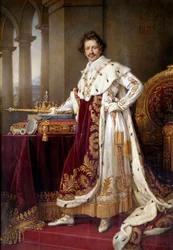 I. Lajos bajor király (1786-1868) egész alakos portréja koronázási öltözékben. 1826. 1,44 x 2,71 m. München, Neue Pinakothek