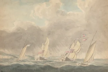 Two Sloops of War, One Barque és One Schooner (?), Sterns Forward, Heavy Seas; Több vitorlás a háttérben