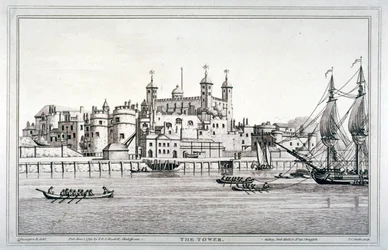 Déli kilátás a londoni Towerre hajókkal a Temzén, 1795