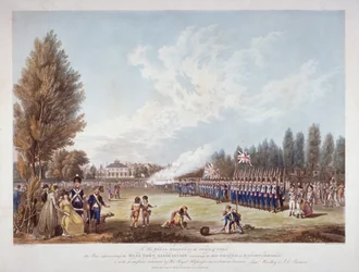 A Hans-Town Egyesület a londoni Knightsbridge-i telephelyén edz, 1799-ben
