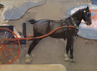 Horse and Cart with Lady (watercolor & gouache on linen)