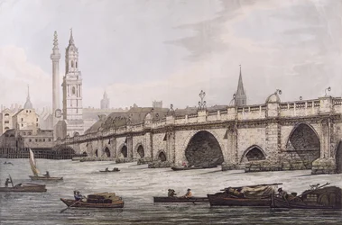 Kilátás a London Bridge-re, beleértve a Szent Mágus-templomot és az emlékművet, J.C. Stadler metszetét
