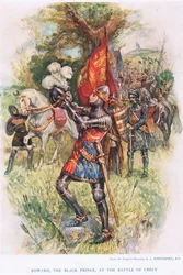 Edward, a Fekete Herceg a crécyi csatában, illusztráció az „Angol történelmi gyermekmesék” című műből, kb. 1920