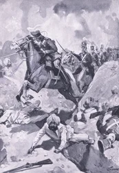 Sobraon: Sir Joseph Thackwell a 3. könnyű dragonyosokat egy fájlban vezeti néhány szikh földmunkán keresztül, illusztráció a Brit csaták szárazföldön és tengeren című filmből, 1915