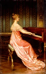 Elegáns hölgy a Piano-Forte-ban ülve,